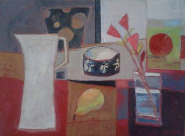 white jug and objects on a red tablecloth thumb