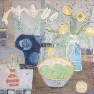 Lillies in blue jug and yellow tulips with a grey tonal background image
