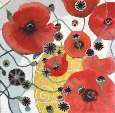 Abstract Coral Red Poppies in a yellow vase thumb