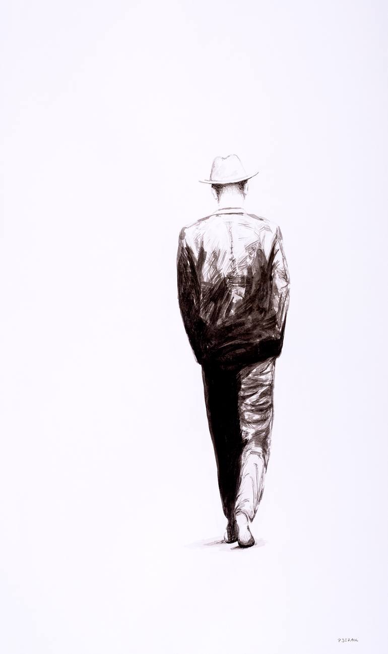 man walking away drawing