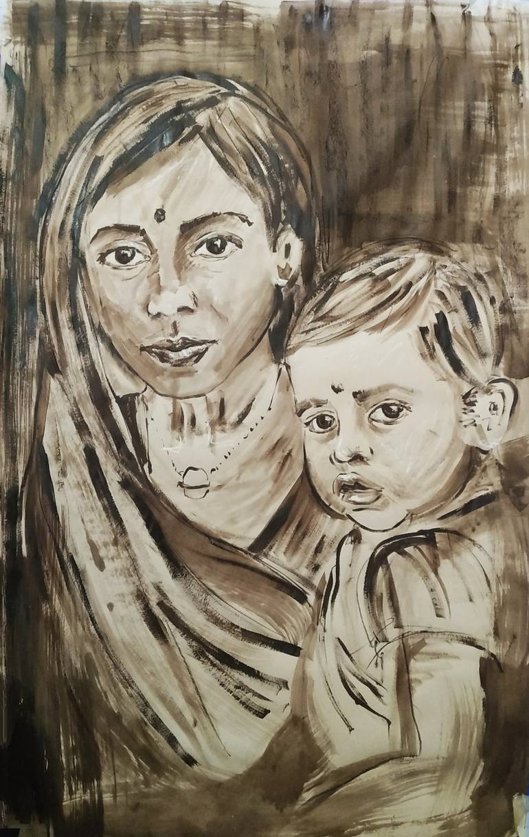Indian mother and child Drawing by Alessia Cors | Saatchi Art