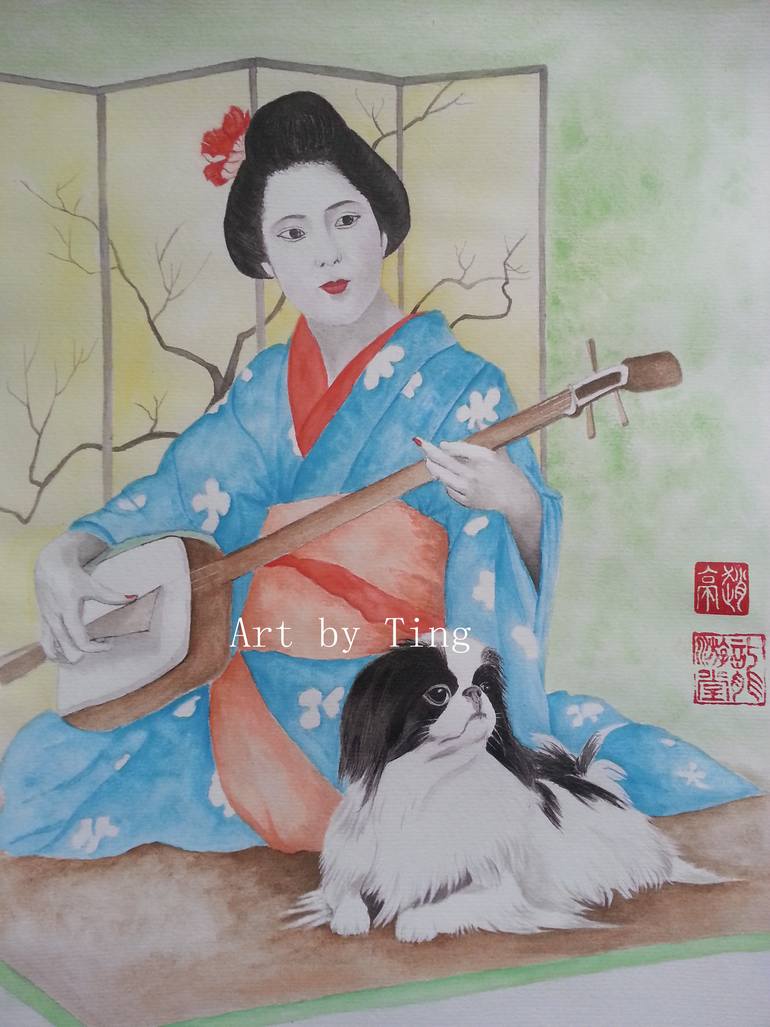 Geisha with Chin dog 2 Painting by Ting Zhao | Saatchi Art