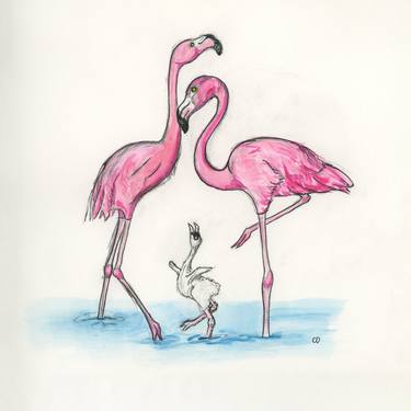 Flamingos Watercolor and Ink Painting thumb