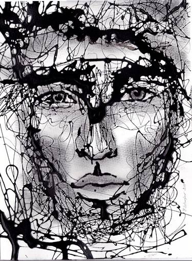 Stranger. Faces. Abstract portraits series in black and white. Drawing by Yulia Schuster thumb