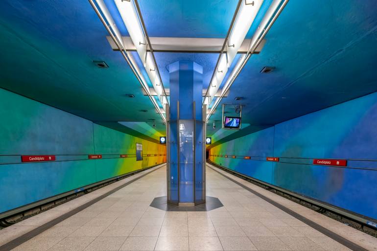 Original Architecture Photography by Richard Silver | Contemporary Art on Paper | Candidplatz Train Station Munich, Blue and Green