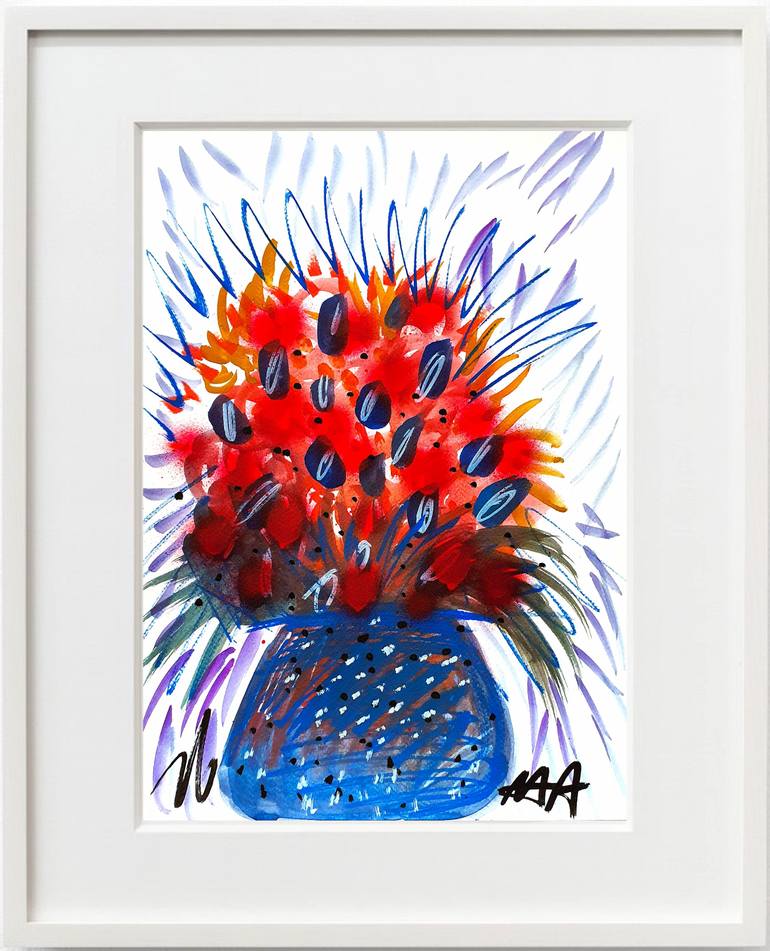 Original Floral Painting by Mister Artsy Graffiti And Streetart Amsterdam | Street Art Art on Paper | Red Flowers in a blue Vase