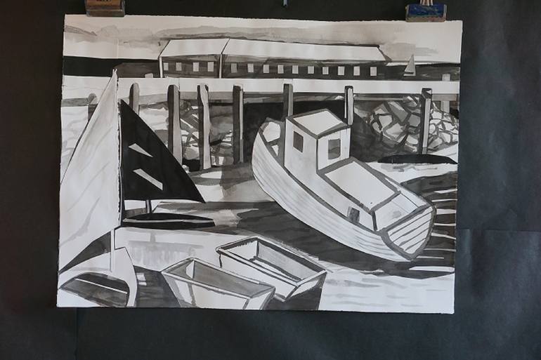 Original Art Deco Boat Drawing by Patty Rodgers