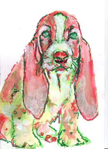 Basset hound dog in Claret Red and Lime Green basset hound wall art thumb