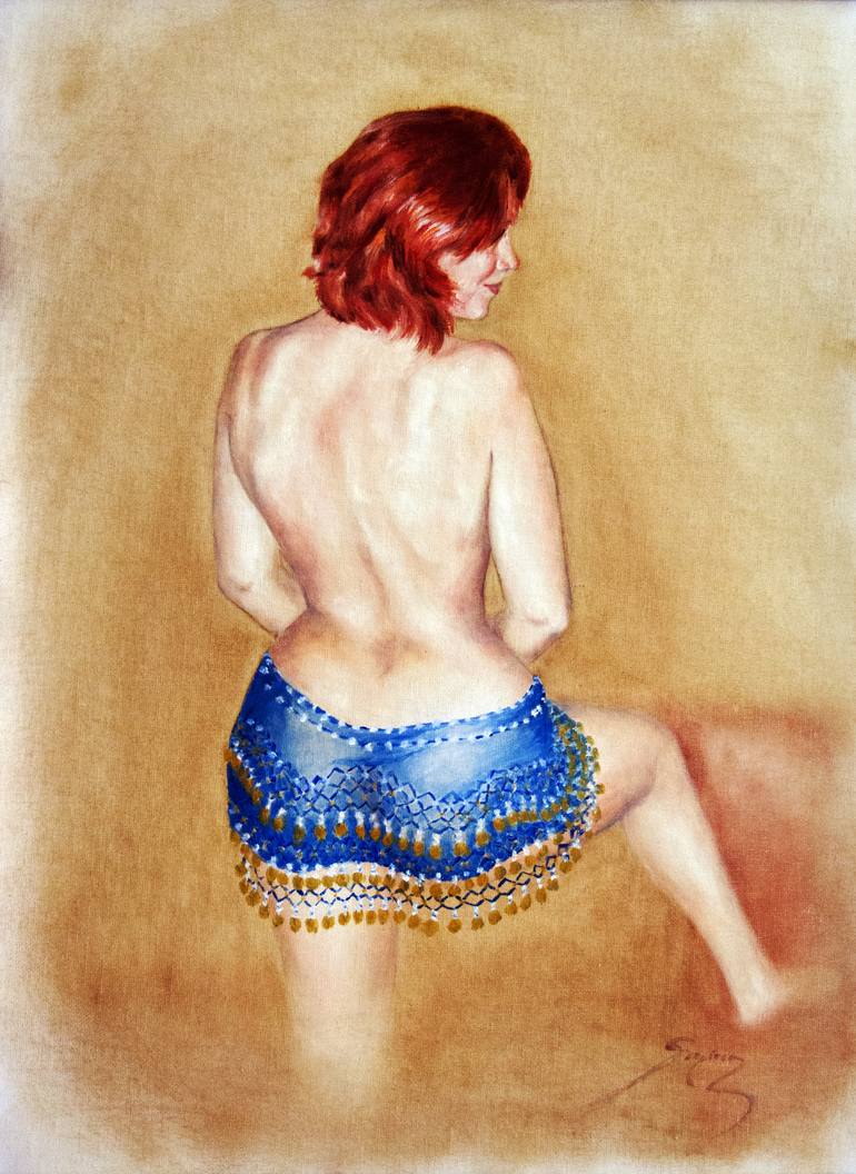 back nude with blue belly dance skirt with gold coins