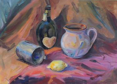 Lemon and a pitcher - original still life painting, oil on canvas, realism thumb