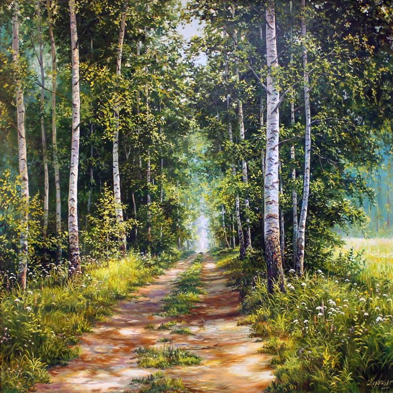 Birch alley Painting by Serhii Korotkov | Saatchi Art