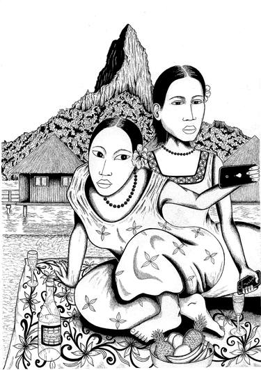 Tahitian Girls Taking A Selfie Drawing By Igor Perisic