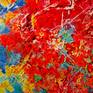 Feel the energy of this powerful painting inspired by music - different reds seem to fly over yellow and various blues. The surface is textured, the structures are inventive, the colors bold. The nearer you look the better you can see surprising details.
This abstract expressionism painting may inspire your heart and soul. Certainly it would be an eye catcher in your space.

Signed on the front, additional dated, titled and signed on the backside