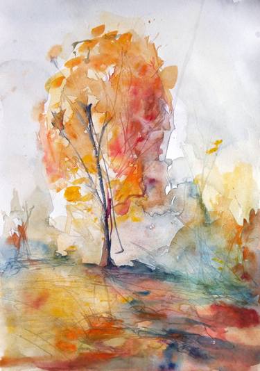 Autumn Tree - Watercolour painting by Georgi Nikov thumb