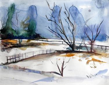 Snow plain - Watercolor framed Painting by Georgi Nikov thumb