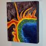This painting is inspired by an ariel views of Yellowstone. It has a beautiful, heavy texture that is hard to capture on camera. The blue part was created by combining foil with paint and tiny glass beads. It has a reflective quality. This painting is on a cradled wood panel. The 1.75" sides only have been painted black. It comes with hanging hardware attached. A protective gloss varnish covers this unique piece. It looks great hung with the other paintings in this series, "Vacation" and "Terrain".