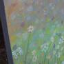 This serene painting was inspired by a summer field of wildflowers. It has shades of pale blue, yellow, white, purple, and green. It is neutral enough to fit in any setting. The painting is on a professional quality gallery wrapped canvas. The sides have been painted gray and it has a satin varnish to protect it from dust and UV rays. It has been strung with wire and is ready to hang.