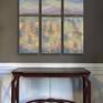 This is a triptych painting (each panel is 36 H x 12 W x 1.5 in.). The painting has a nice texture that was created with a combination of brushstrokes and a palette knife. It is on professional quality gallery wrapped canvases. The sides have been painted gray and it has a satin varnish to protect it from dust and UV rays. Each panel has been strung with wire and is ready to hang.