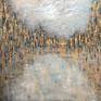This painting has a nice, thick texture that was created with a combination of brushstrokes and a palette knife. It shimmers with touches of 23 K gold leaf and iridescent paint. The painting is on a professional quality gallery wrapped canvas. The sides have been painted gray and it has a satin varnish to protect it from dust and UV rays. It has been strung with wire and is ready to hang.