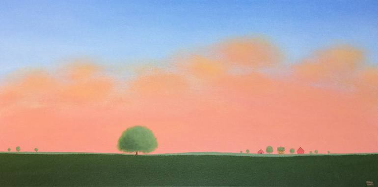 Original Landscape Painting by Sharon France | Antique Art on Canvas | Farm Under the Sunset Clouds