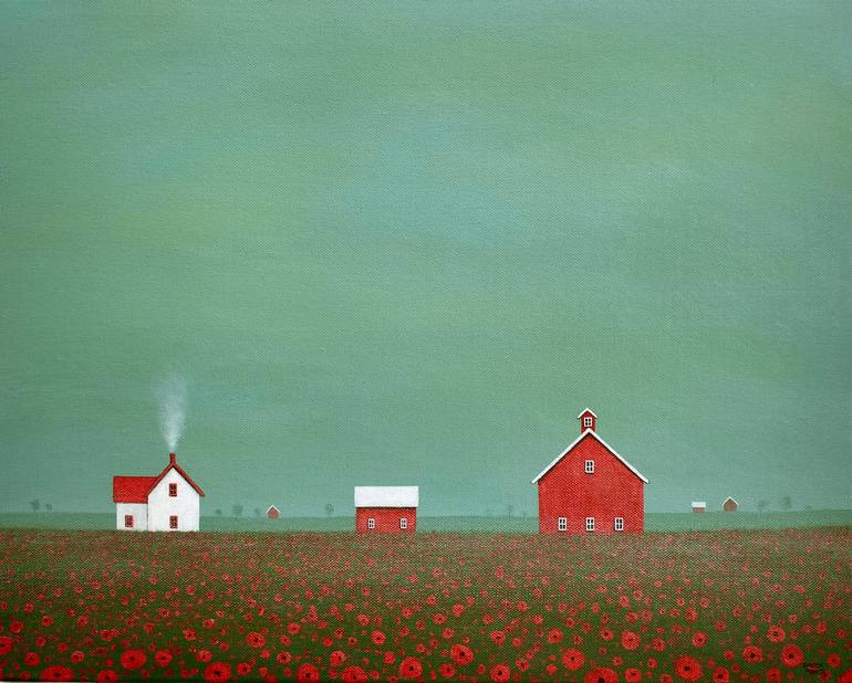 Original Landscape Painting by Sharon France | Realism Art on Canvas | The Old Farm Surrounded by a Red Poppy Field
