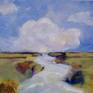 stream leading to clouds on the horizon - small oil painting