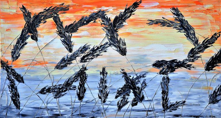 Original Floral Painting by Daniel Urbanik | Expressionism Art on Canvas | Grass And Red sky