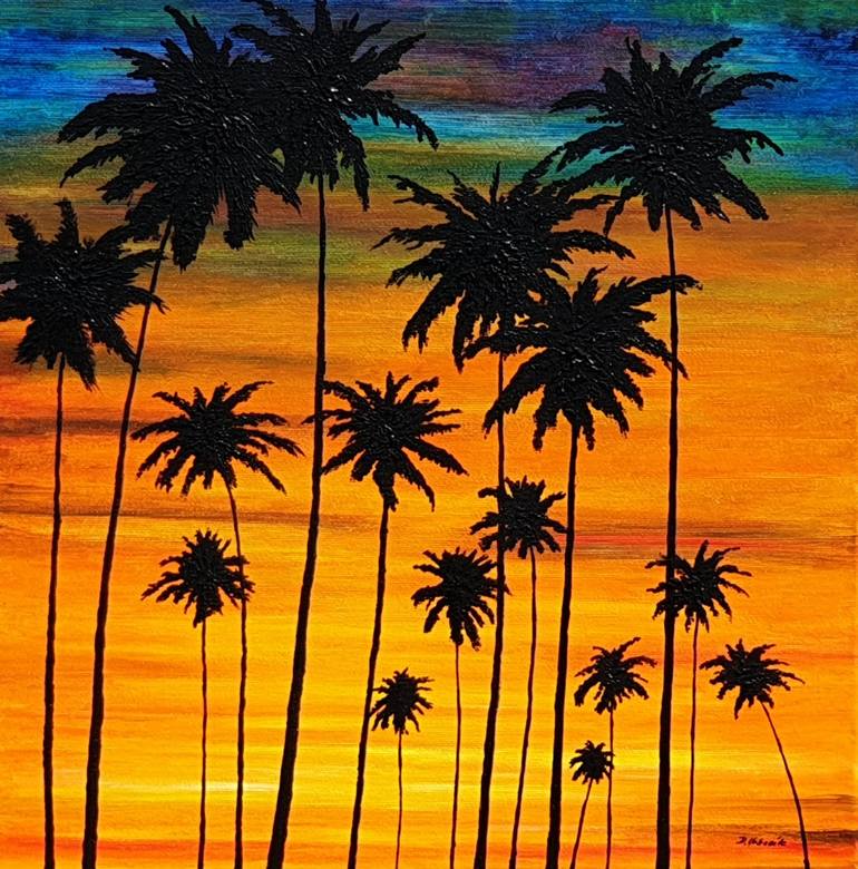 palm tree silhouette sunset painting