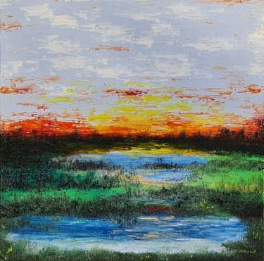 Original Landscape Oil Painting of a Sunset Over a Fjord Filled