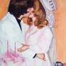 A newlywed couple kissing behind a cake, under the looks of guests faded in the background. This painting is from a family picture of mine, this is my godfather and godmother at their wedding reception in the seventies.