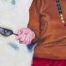 An older woman with a pie slicer posing. From a found picture. As I was painting her, her posture came out like a Madone, a bit like a kitchen Saint. And she had the little Monk cookie jar on her side to emphasize that holy feeling.