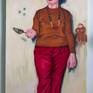 An older woman with a pie slicer posing. From a found picture. As I was painting her, her posture came out like a Madone, a bit like a kitchen Saint. And she had the little Monk cookie jar on her side to emphasize that holy feeling.