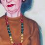 An older woman with a pie slicer posing. From a found picture. As I was painting her, her posture came out like a Madone, a bit like a kitchen Saint. And she had the little Monk cookie jar on her side to emphasize that holy feeling.