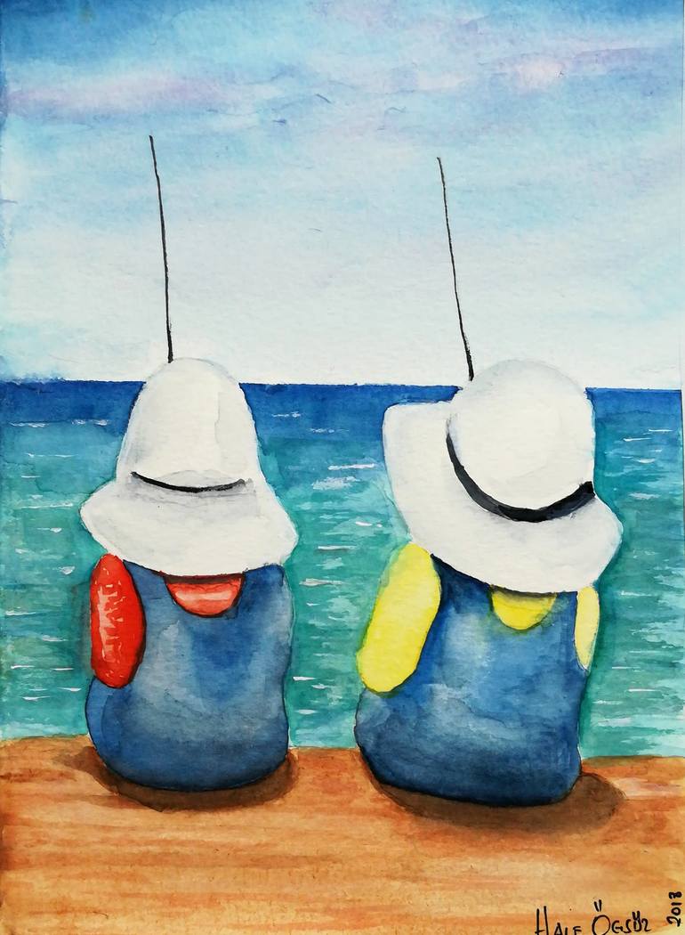 Friends fishing Painting by Hale Ogsuz