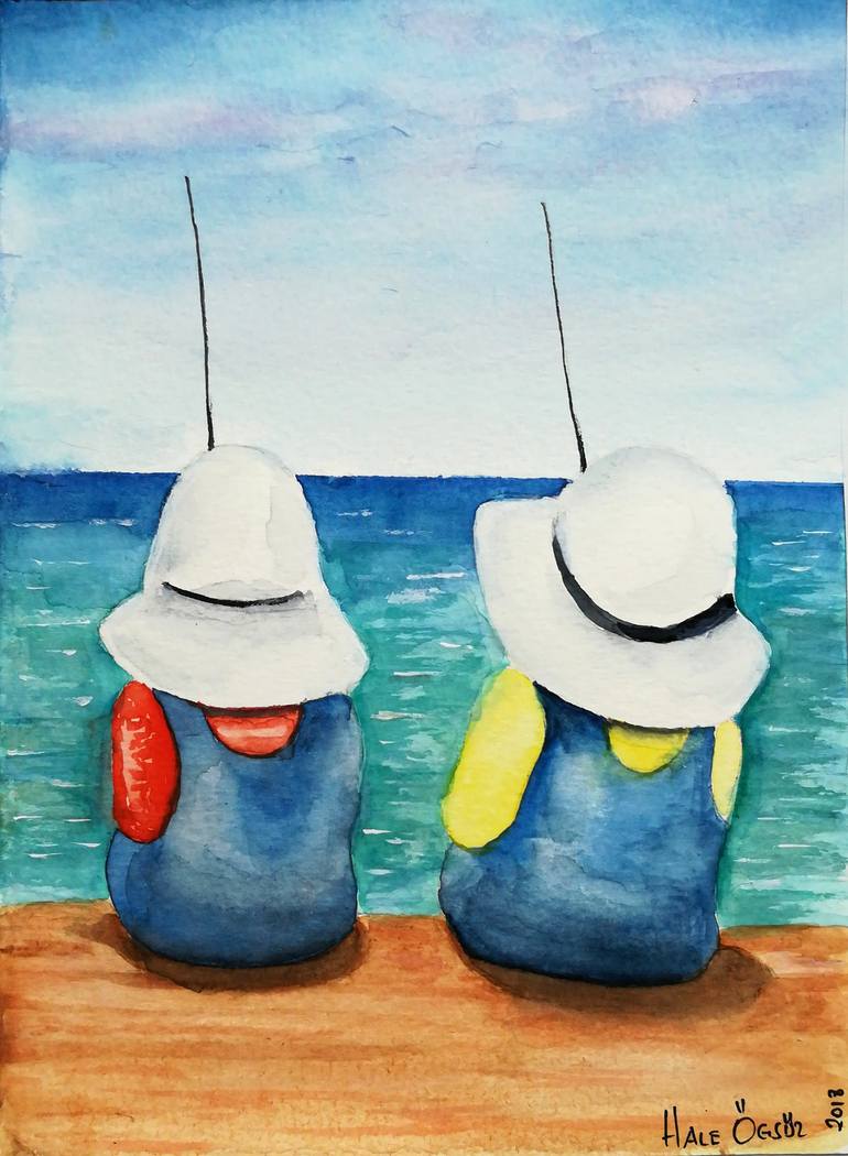 Friends fishing Painting by Hale Ogsuz