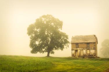 Abandoned House in Foggy Field Landscape thumb