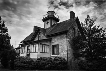 Cedar Point Lighthouse in Black and White Landscape Photo thumb
