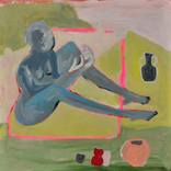 A blue lady with long legs waits on green grass surrounded by empty bowls by Rebecca Marshall