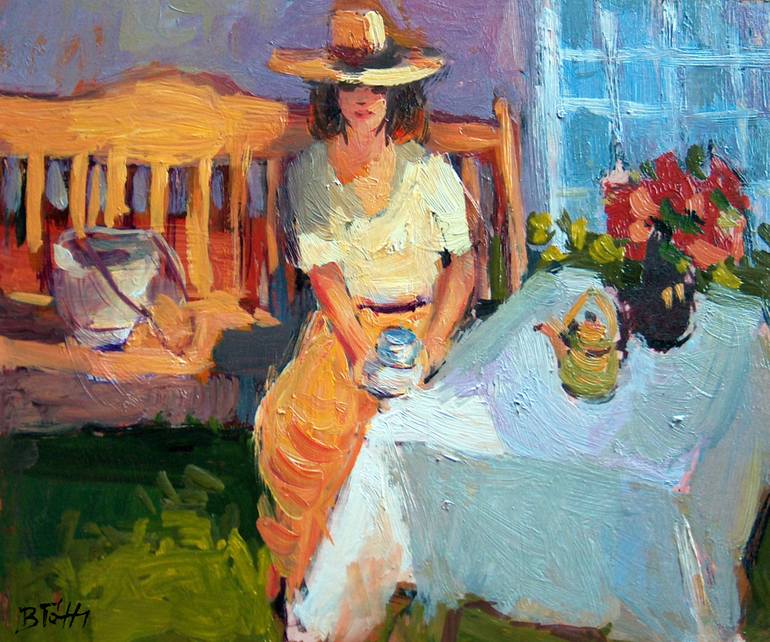 Drinking tea in the garden Painting by Edit B Toth | Saatchi Art