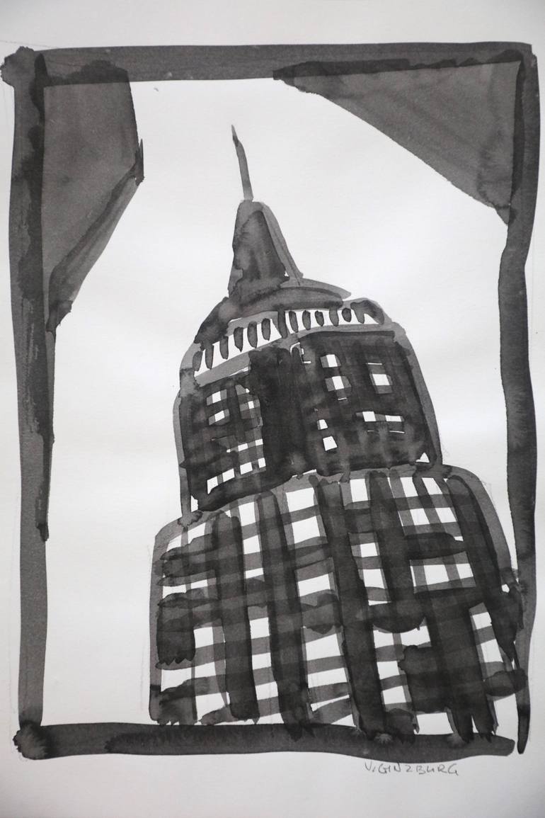 Original Architecture Painting by Vladimir Ginzburg | Black & White Art on Paper | Empire State Building in Black and White.