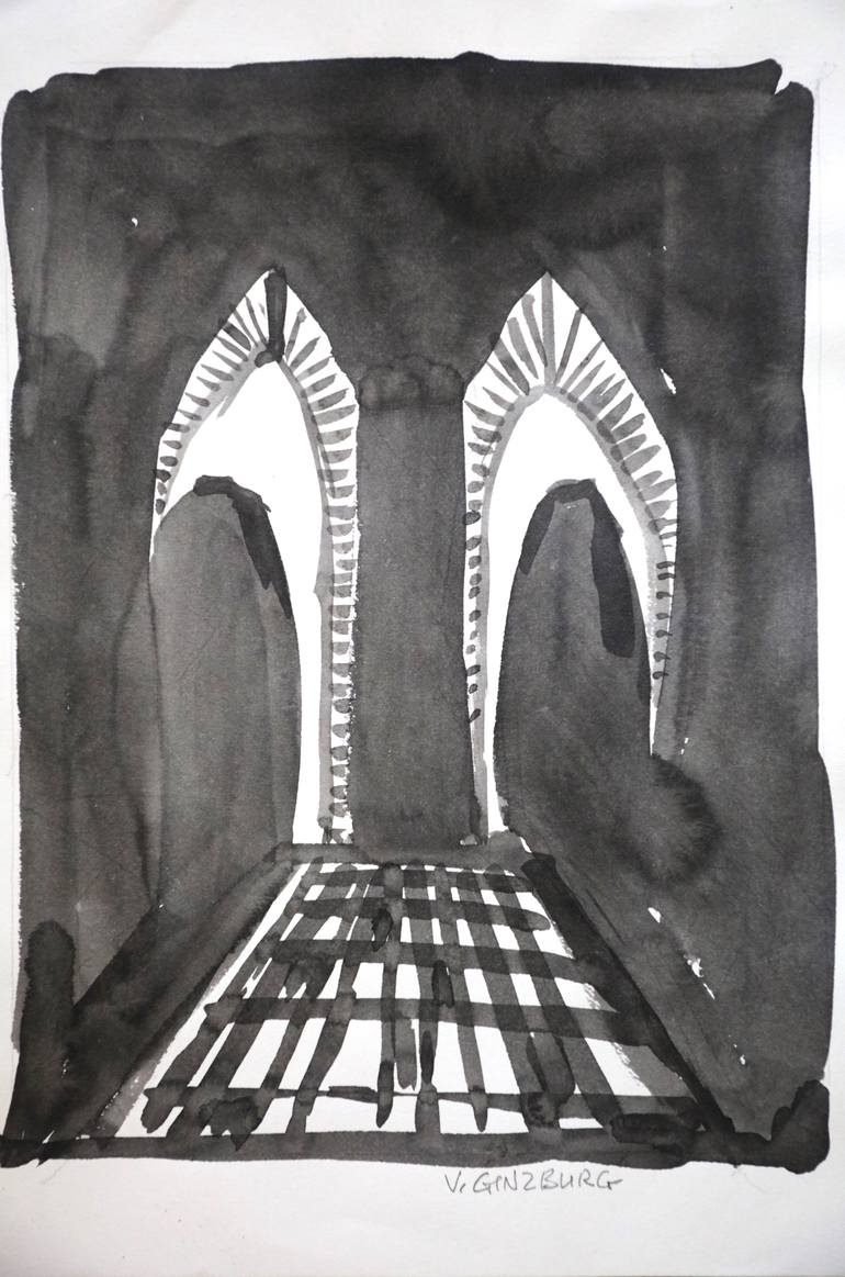 Original Architecture Painting by Vladimir Ginzburg | Art Deco Art on Paper | Brooklyln Bridge in Black and White