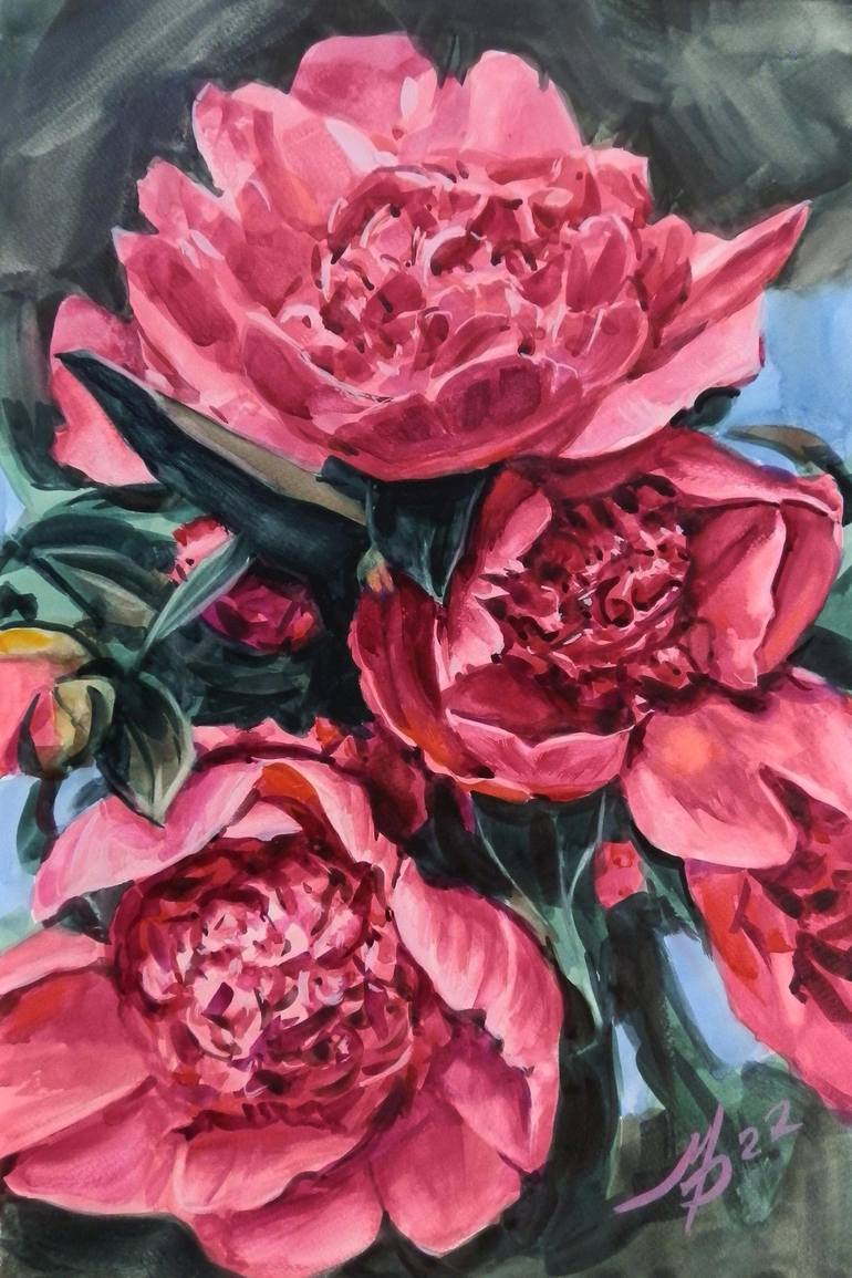 Red peonies Painting by Mykhailo Patskan | Saatchi Art