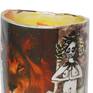 A homage to Grecian and Egyptian pottery with a picture of a lion and gold bits.