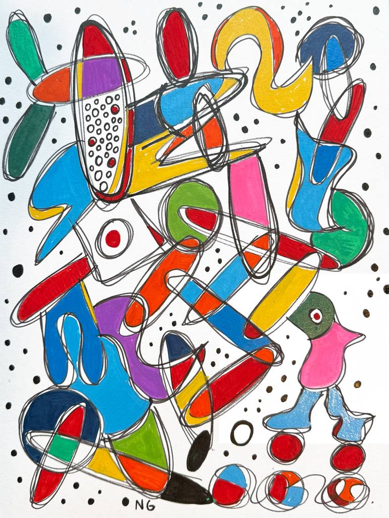 Original Abstract Painting by Nathalie Gribinski | Abstract Art on Paper | The Little Pink Man