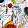 This painting has been created with mixed media on paper.
Acrylics, oil markers, watercolor.
Forget about the meaning. Heads are round shapes. Very much like every other unit of life, ovoid by essence. Tulips are big empty heads.