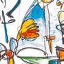 This painting has been created with mixed media on paper. 
Acrylics, oil markers, watercolor. 
Forget about the meaning. Heads are round shapes. Very much like every other unit of life, ovoid by essence. Tulips are big empty heads.