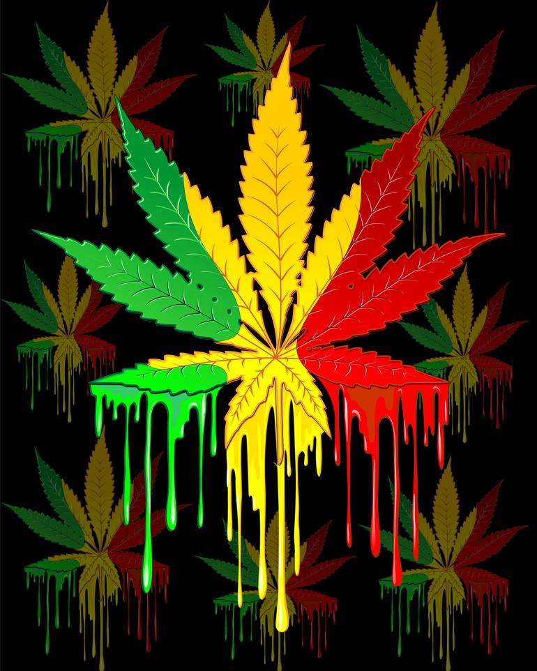 Marijuana Leaf Rasta Colors Dripping Paint - Print