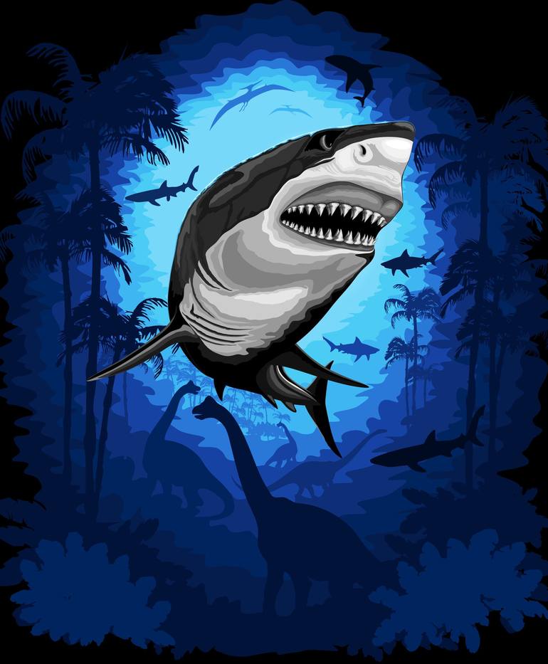 Great White Shark on Surreal Jurassic Underwater Scenery - Print