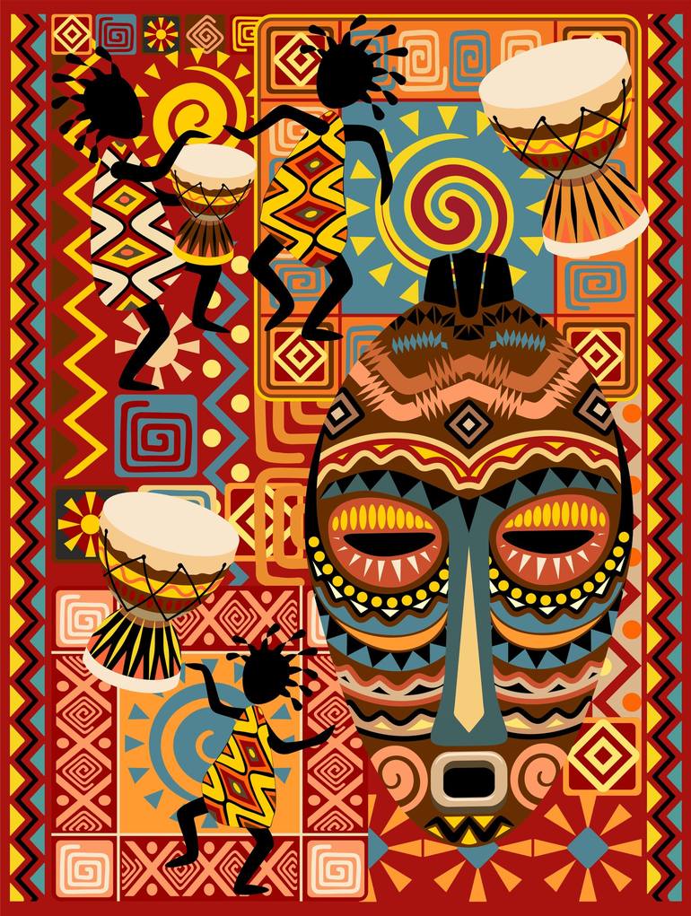 African masks. Tribal ethnic decorative faces. Traditional w