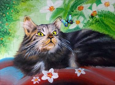 Cat Playful Portrait and Butterfly Oil Painting thumb